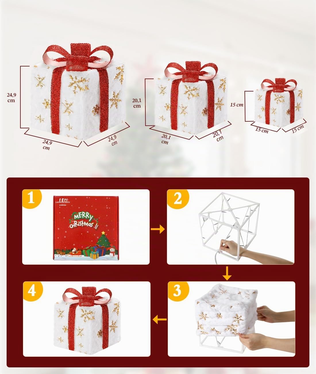 Coffrets Cadeaux de Noël Illuminés, 3 PCS Grandes Décorations pour Intérieur et Extérieur avec Télécommande, USB Plug in, Cadeau avec Flocon de Neige et Nœuds, Décoration pour Maison Véranda Pelouse