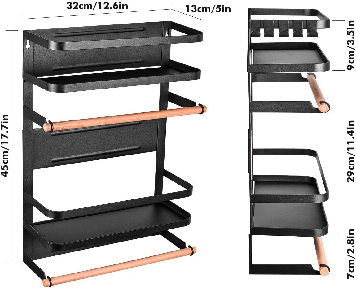 Kitchen Rack - Magnetic Fridge Organizer - 17.7x12.7x5 INCH With 22LBS/10KG Weight Capacity - Paper Towel Holder, Rustproof Spice Jars Rack, Heavy-duty Refrigerator Shelf Storage Including 5 Hooks
