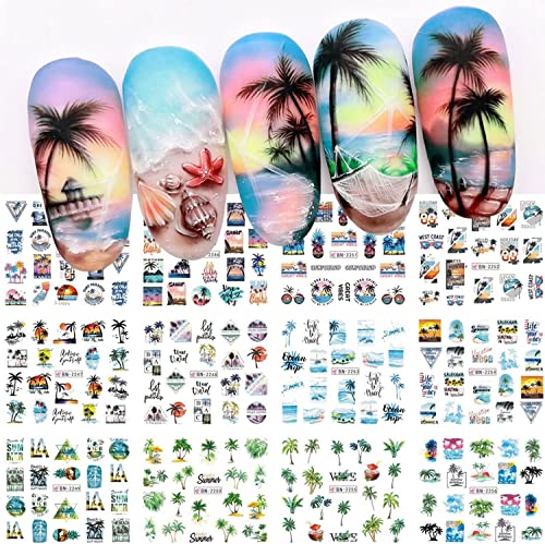 Summer Nail Art Stickers Water Transfer Summer Nail Decals For Nails Art Supplies Coconut Tree Ocean Beach Tropical Style Design Acrylic Nail Stickers For Women Diy Nail Art Accessories 12 Sheets #TOP6