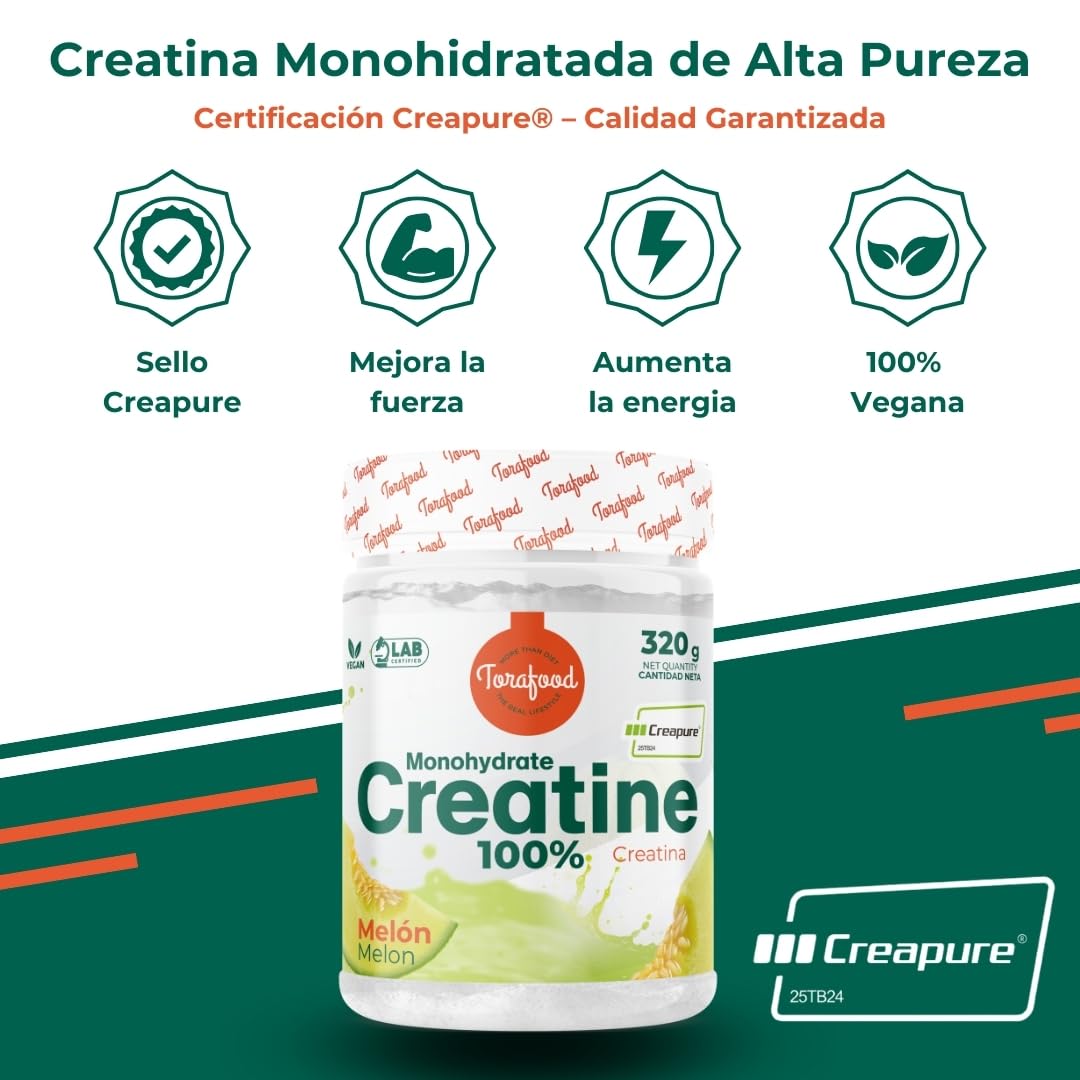 Creatina Monohidrato Creapure en Polvo | 320G | Sabor Melón | Aumento de Masa Muscular y Resistencia | Gran Solubilidad | 100% Vegana | Torafood