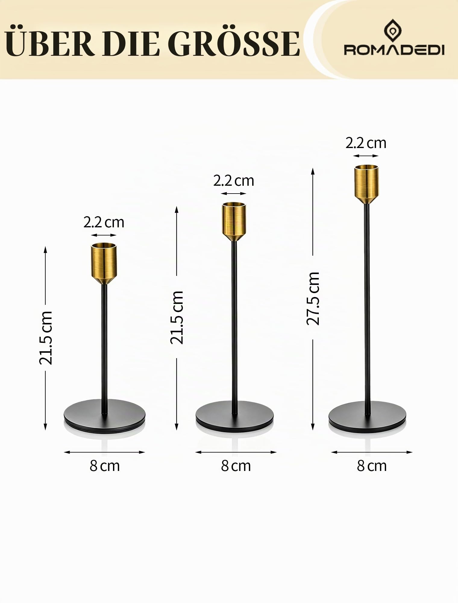 Romadedi Kerzenständer für Stabkerzen, 3er-Set, Gold und Schwarz | Metal Kerzenhalter Modern Drei Höhen: 22, 28 und 32 cm für Weihnachten Esstische, Hochzeiten und festliche Deko
