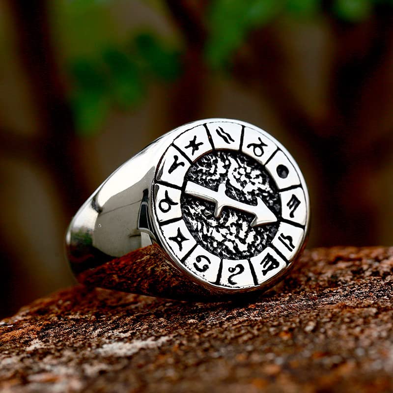 Image of Unisex 12 Constellation Zodiac Sign Signet Ring | Stainless Steel, Hip Hop Sign Signet, Horoscope Astrology Jewelry, Birthday Gift