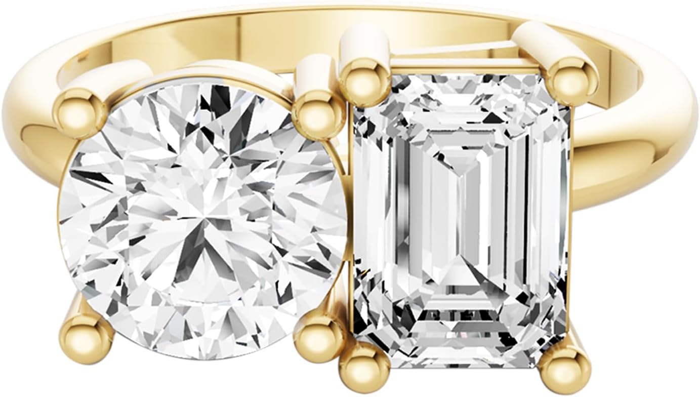 2 Carat - 4 Carat Round and Multi-Shape Lab Grown Diamond Two Stone Engagement Ring | 14k Yellow Gold Ring Size 7 | E-F Color and VS1 Clarity
