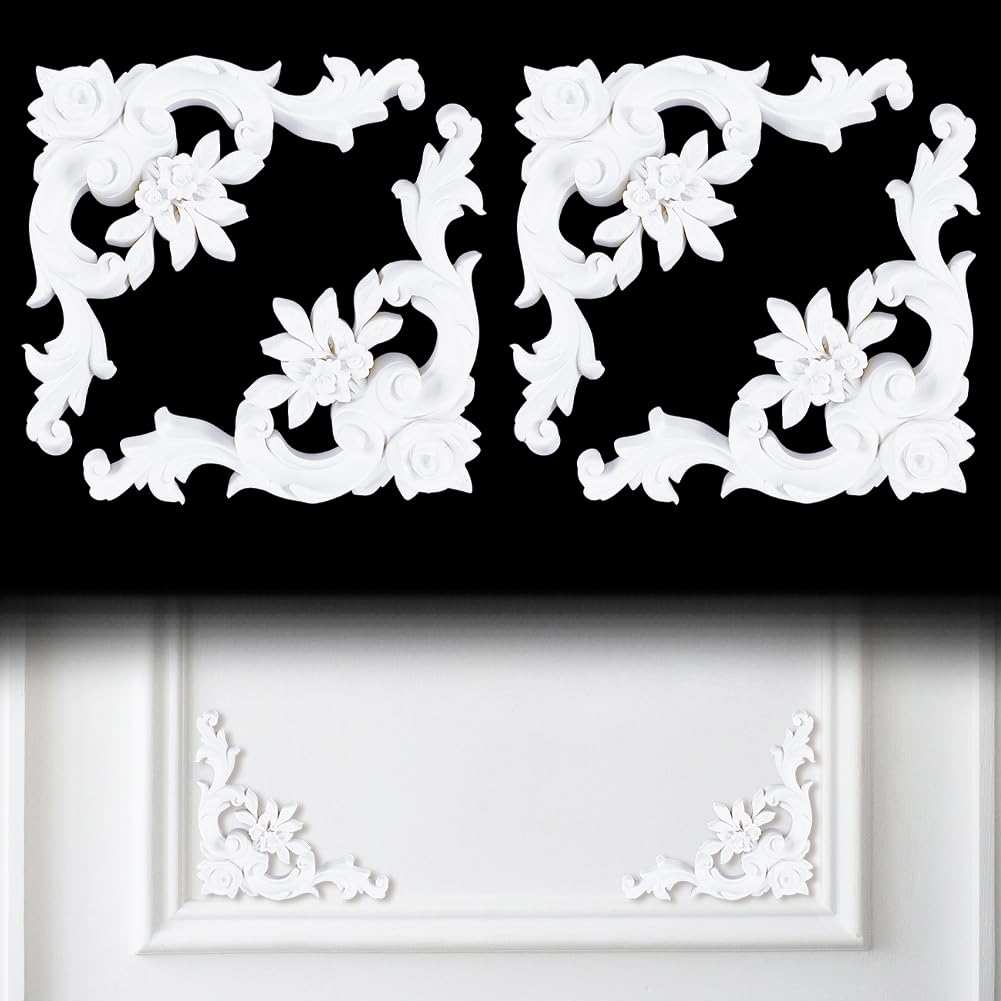 NBEDAS 4 pz Kit Modanatura Angolare per Soffitto, Pannelli Decorativi con Volute 3D Ornate In PU, 18.3x18.3cm Bianchi per Decorazioni Da Parete per Soggiorno Camera Letto Interni Cornici decorative
