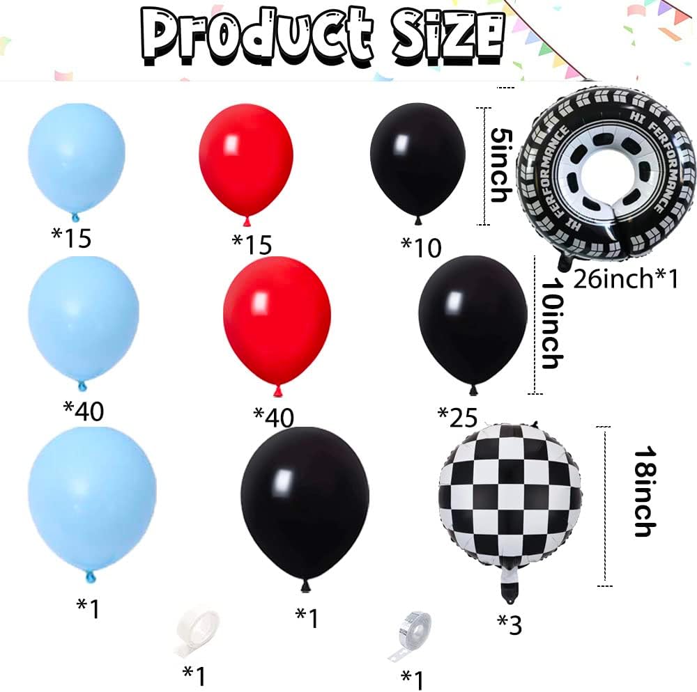 Race Car Balloons Arch Garland Kit,151pcs Red Blue Latex and Checkered Wheel Tire Balloons for Racing Car Two Fast Birthday Party Decorations - Image 2