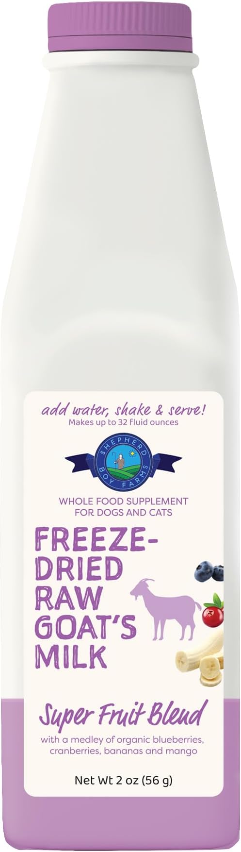Shepherd Boy Farms Freeze Dried Raw Goats Milk with Probiotics for Dogs & Cats (Super Fruits), Organic USA Fruit, Digestible Goat Milk Powder, Raw Nutrition, High Protein Food Toppers - Makes 32 FL OZ