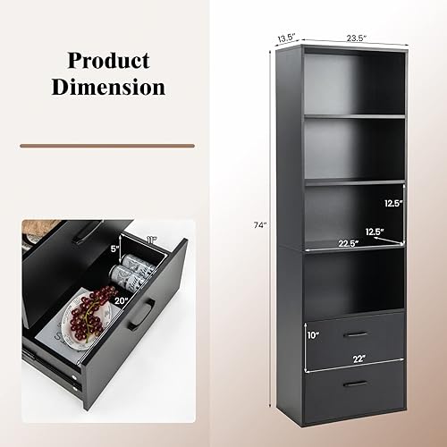 Miniatura 3 de Giantex Estantería de 4 niveles de 74 pulgadas de alto con cajones, estantería estrecha negra independiente con kits antivuelcos, armario de