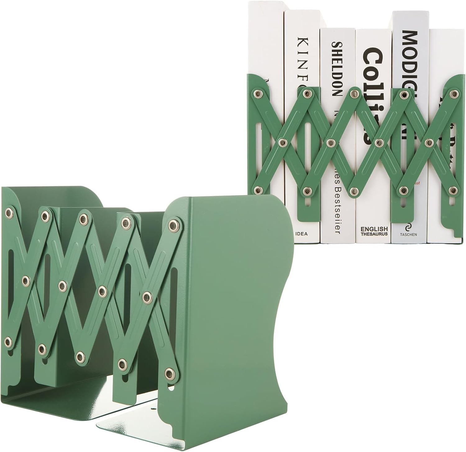 CYEAH 2 Pcs Adjustable Book Ends, Green Bookends for Shelves, Metal Book Ends for Heavy Books, Book Holders Organizer for Desk, Extends Up to 17 Inches Used in Office, Desk and School