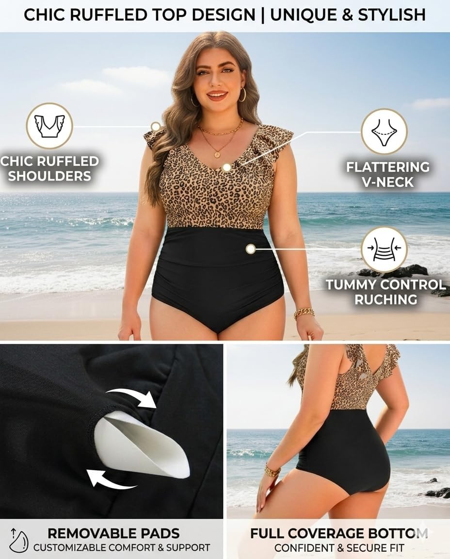 Daci Plus Size one Piece Swimsuits for Women Tummy Control Bathing Suits Ruffle Vintage Swimwear