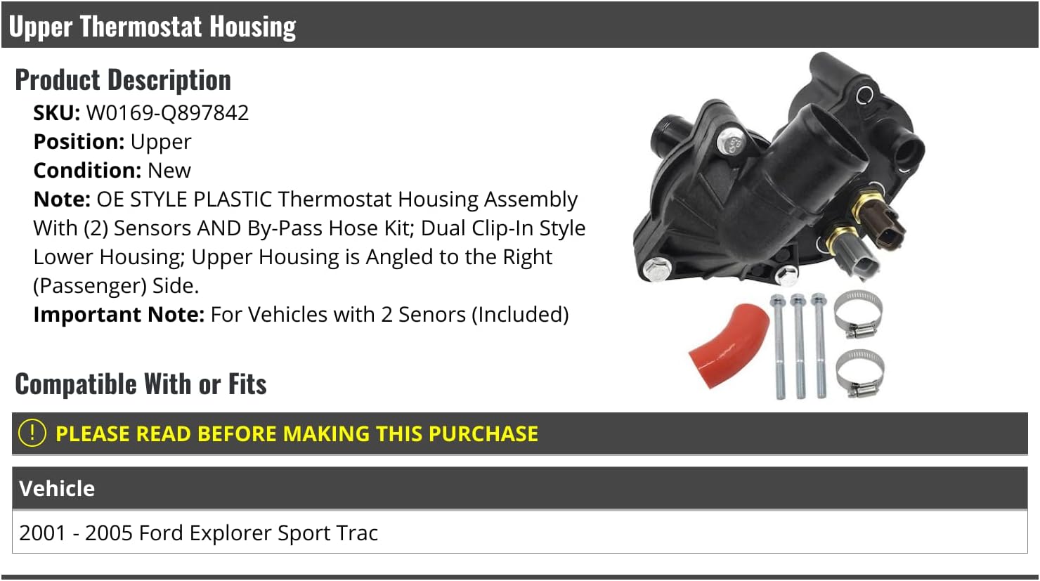 Marketplace Auto Parts Upper Thermostat Housing Assembly - Dual Clip-In Style Lower Housing - with 2 Sensors and Bypass Hose Kit - Compatible with 2001-2005 Ford Explorer Sport Trac