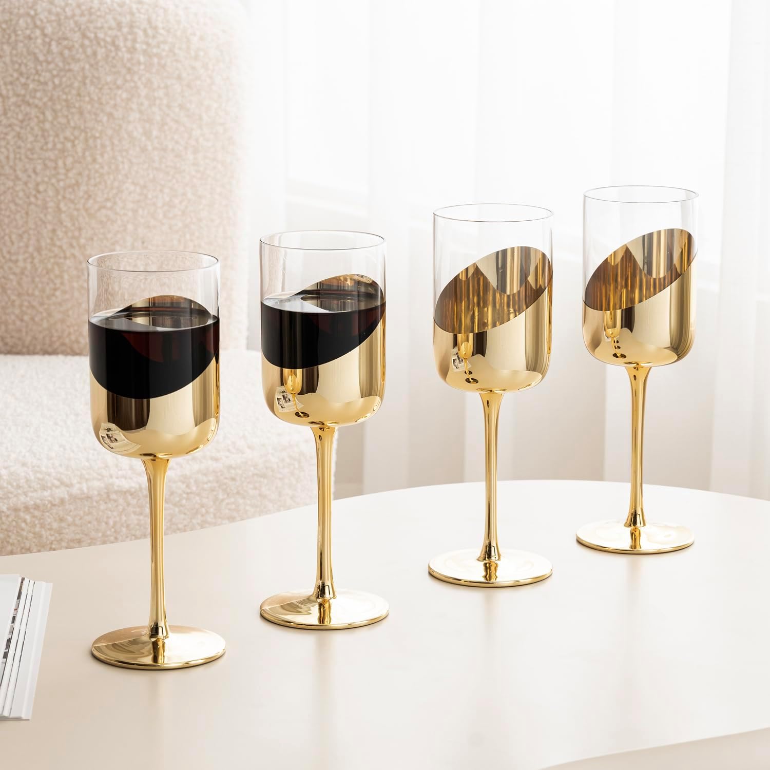 MyGift 14 oz Wine Glasses Modern Brass Tone Plated Round Stemmed Glass Goblets, Cylindrical Drinking Glasses with Angled Dipped Mirror Finish, Stemware Set of 4 - Image 4