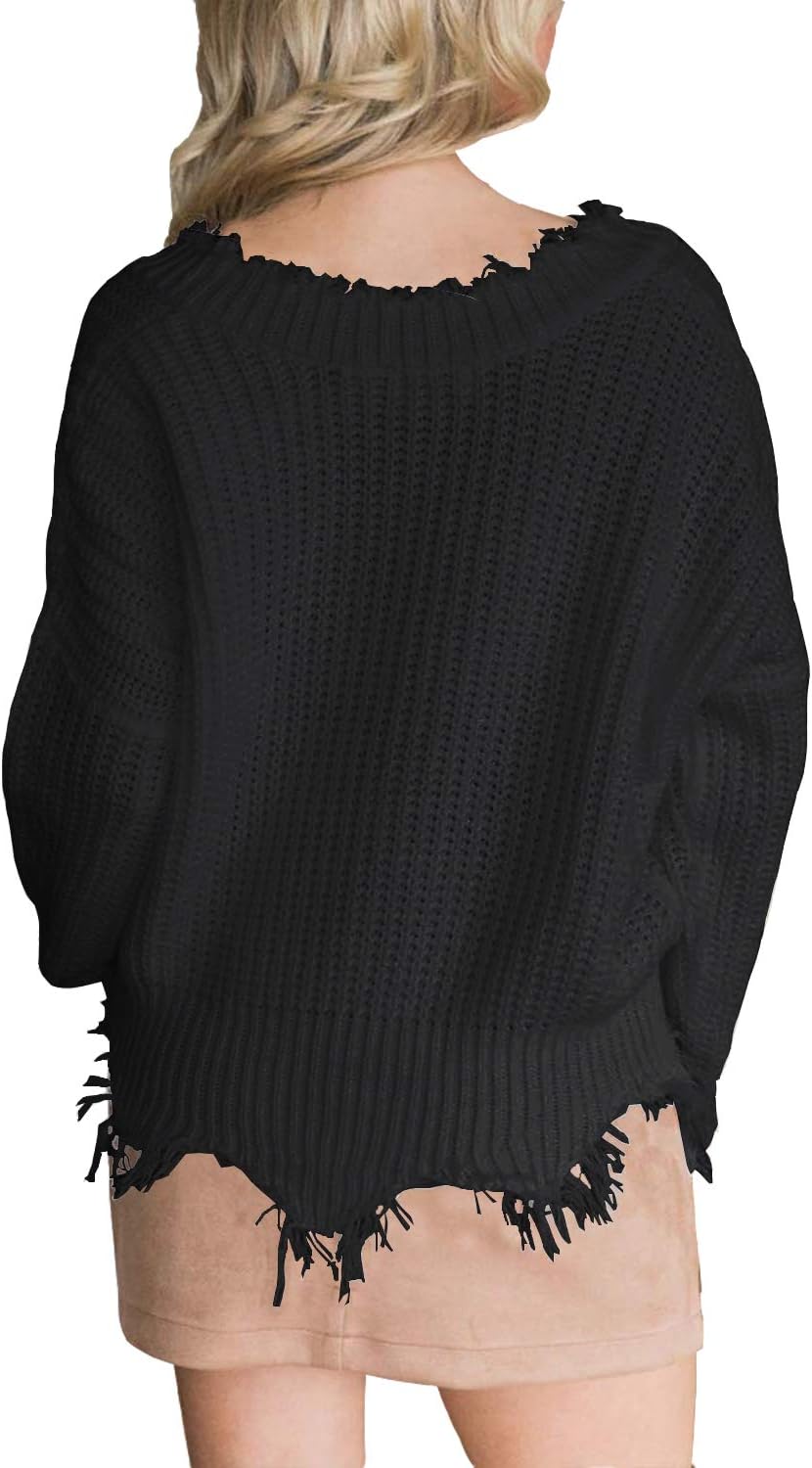 LAMISSCHE Womens Loose Knitted Off The Shoulder Sweater Solid V Neck Long Sleeve Pullover Ripped Crop Top - Image 3