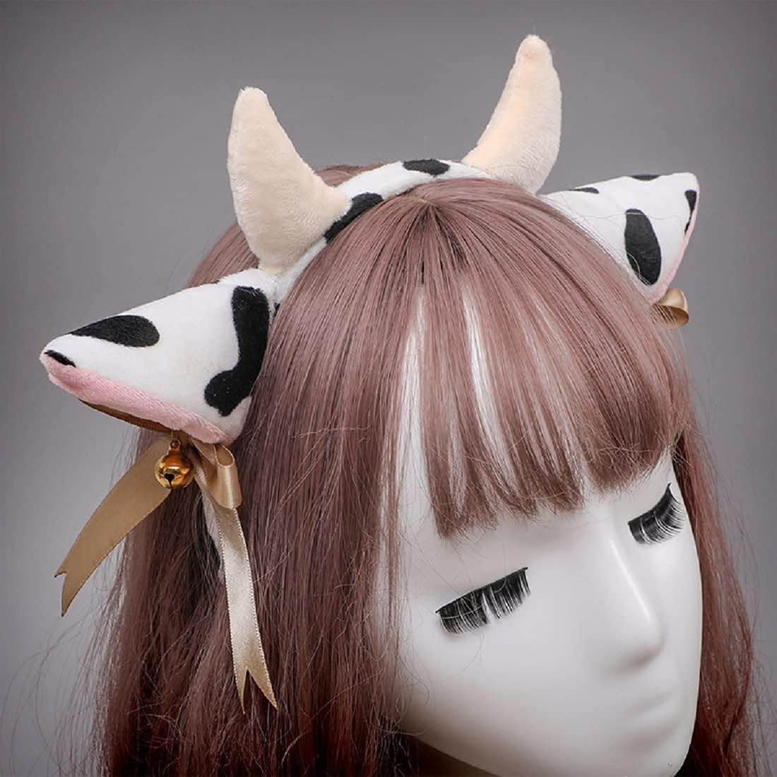 Cow Ears and Horns Headband Bow Ribbon Bells Headwear Elastic Hair Hoop For Party Animal Cosplay Costume White