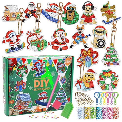 EXQUILEG Juego de 15 llaveros de Navidad para pintura de diamantes, Papá Noel, alce, campana de diamantes de imitación de diamantes de imitación, llavero, artesanía (#2) Cover