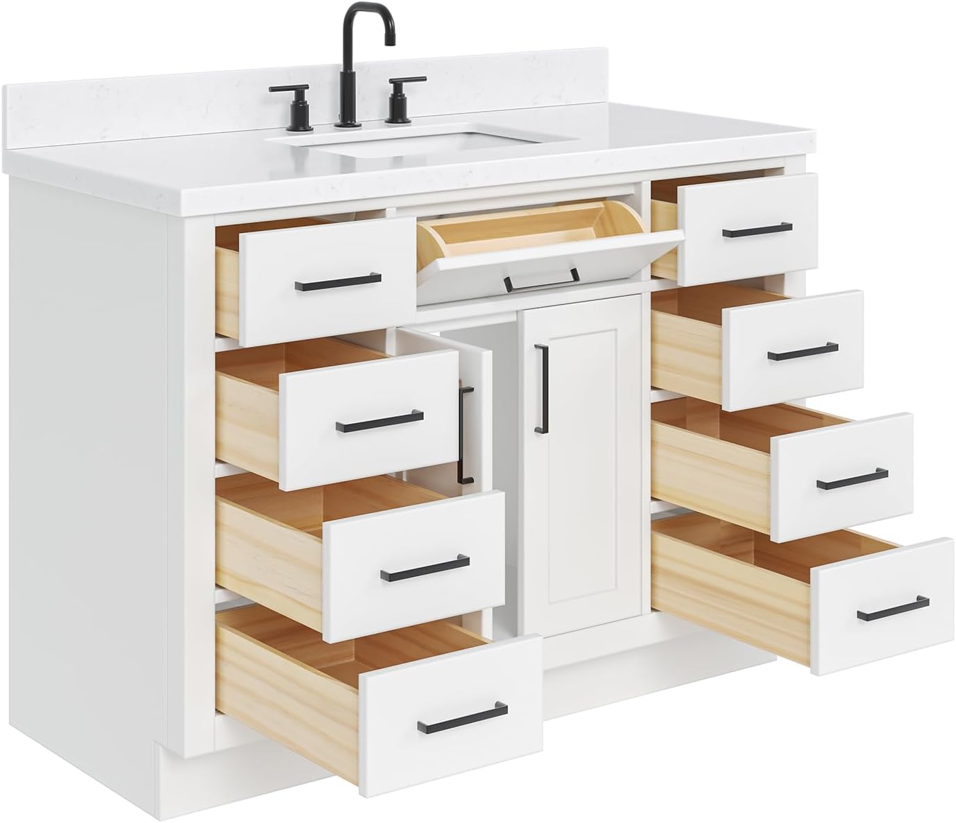 DKB Isabella 48-Inch Bathroom Vanity with Sink — White Single Sink Bathroom Vanity, 1.5" Edge Carrara Quartz Countertop, Solid Wood, 2 Soft-Close Doors, 8 Dovetail Drawers + Tilt Drawer
