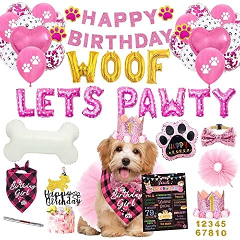 Dog Birthday Party Supplies, Hombae Puppy Dog Pals Birthday Party Supplies Balloon Let’s Pawty Banner Dog Crown Hat Bandana Bow Tie Tutu Skirts Poster Cake Topper Woof Pink Cover