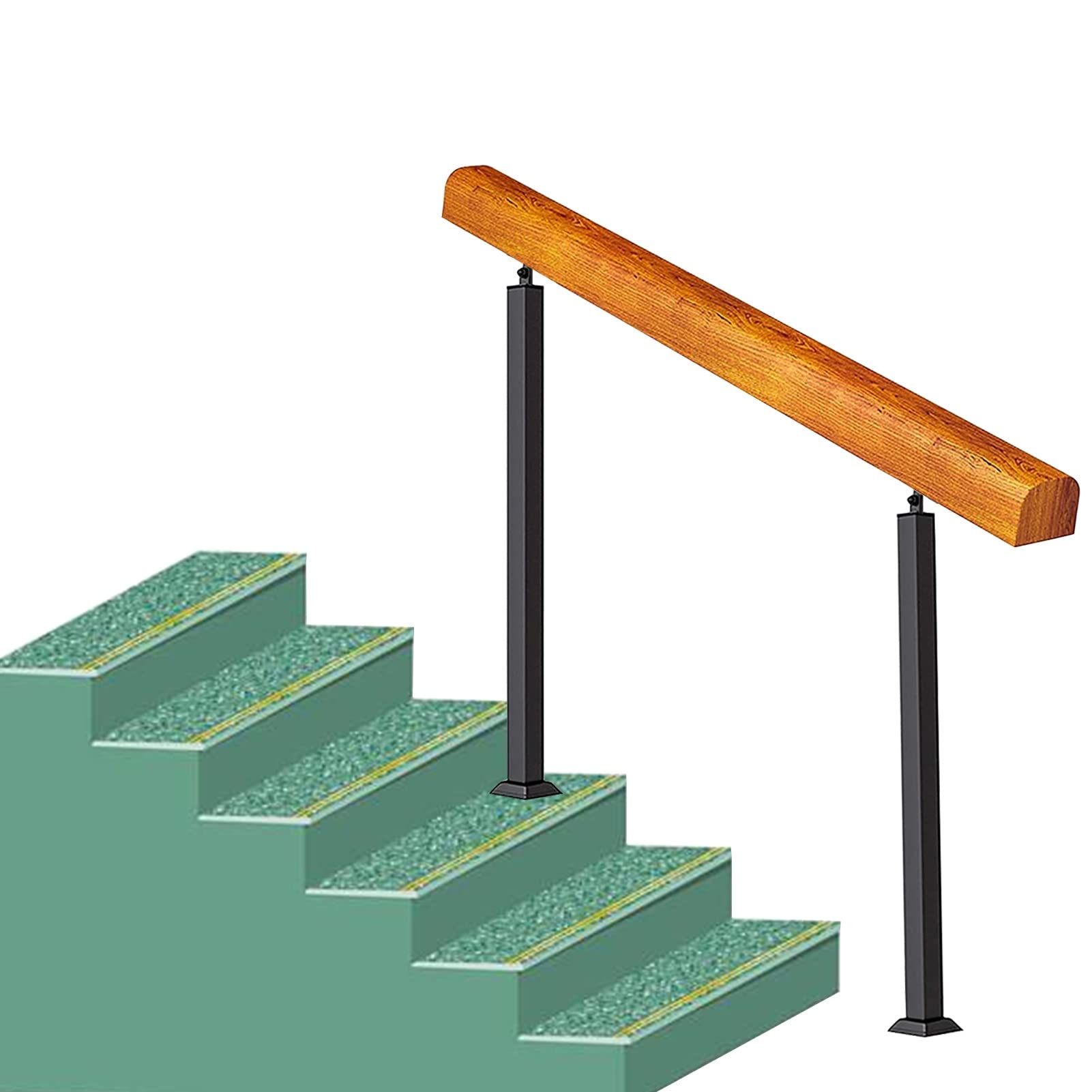 Main courante en bois extérieur pour porche et rampe d'escalier en métal noir sécurisé