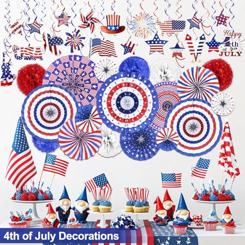 Image of 50 PCS 4th of July Patriotic Decorations in 33 Designs Red White Blue Decoration Paper Fans Pom Poms Flowers Hanging Swirls with Americans Flag Stars Memorial Day Independence Day Party Decor Favors
