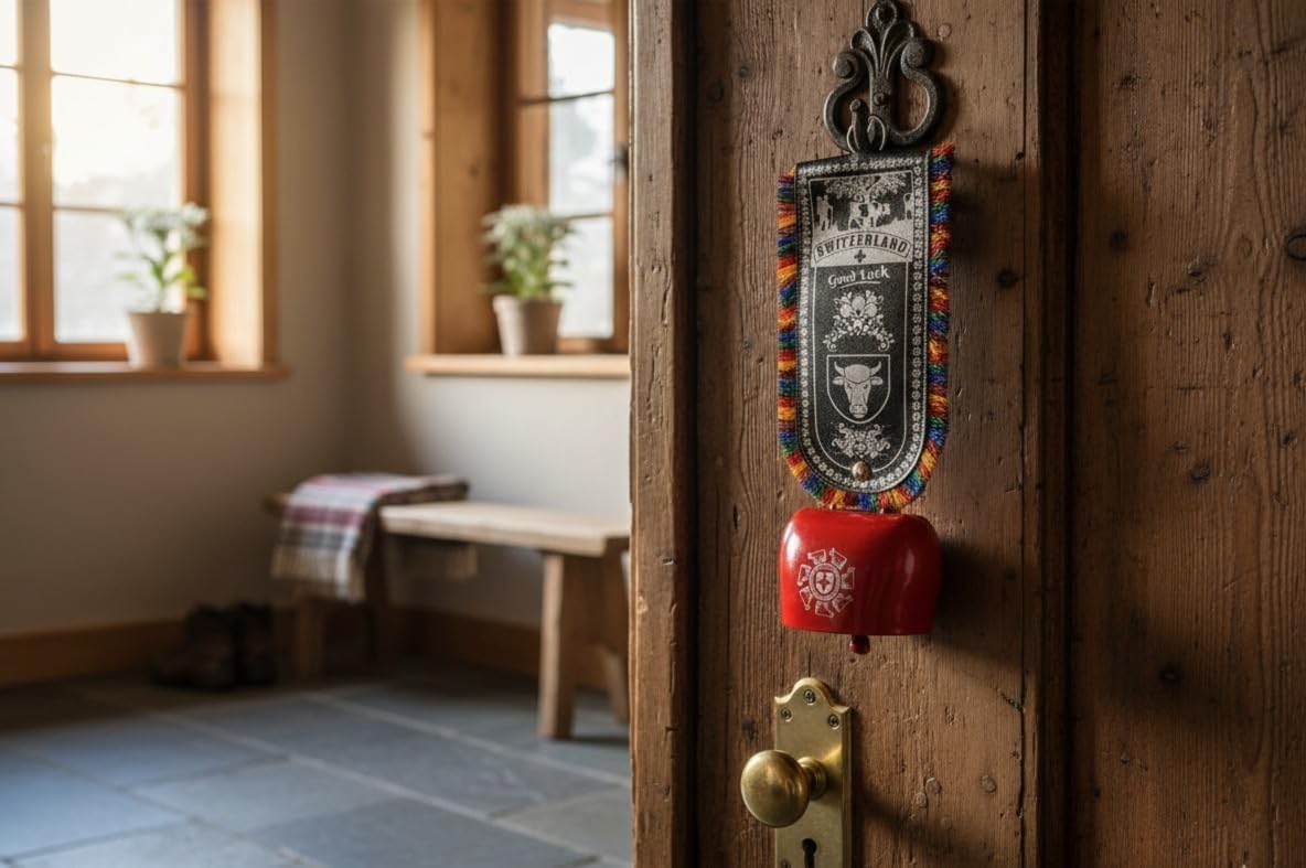 Swiss Cow Bell 35 cm (13.8 in) Large Decorative Door Hanging – Traditional Switzerland Cowbell with Colorful Fringe, “Good Luck” Swiss Souvenir, Wall & Balcony Decor Gift image 3