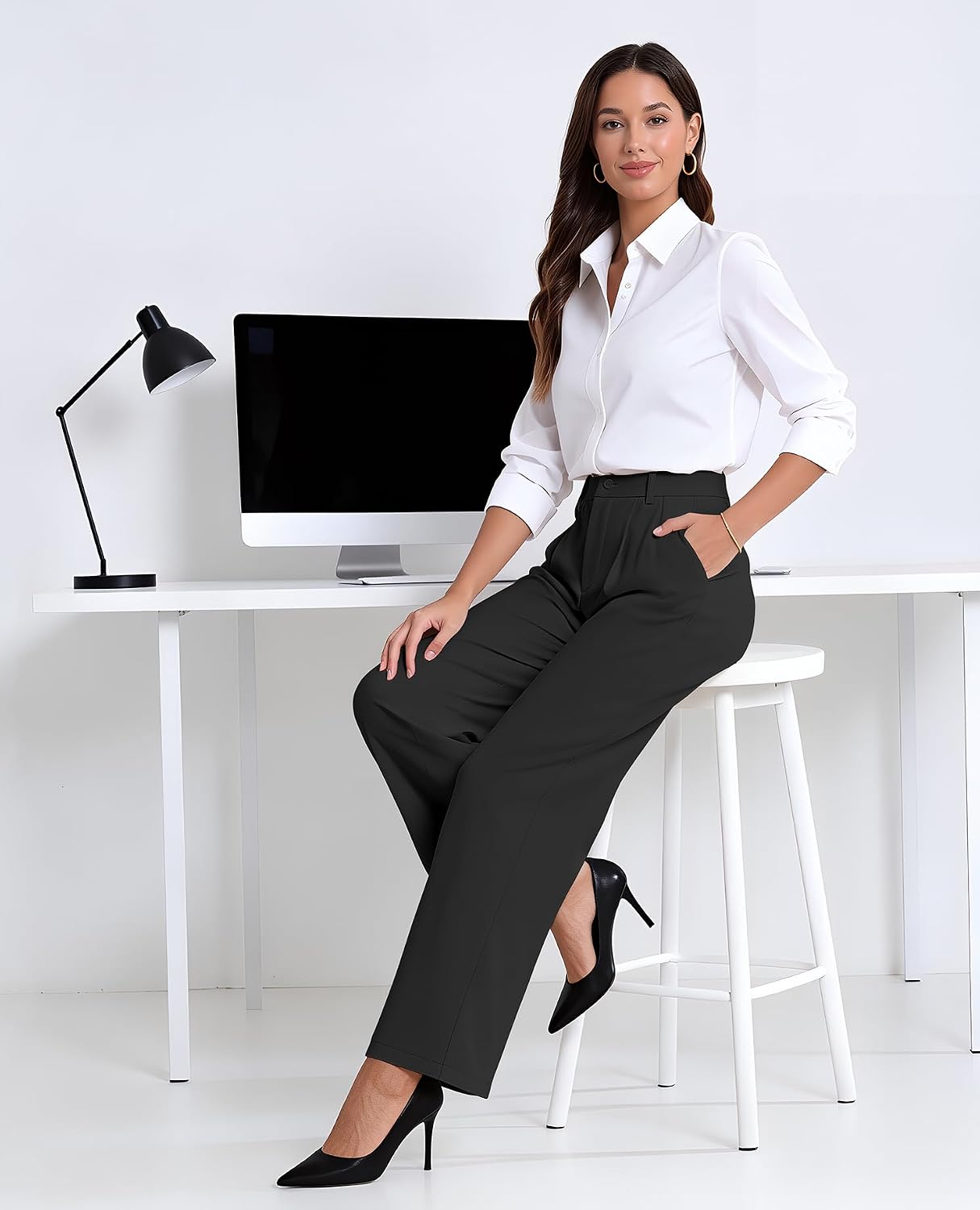 Womens Wide Leg Dress Pants Elastic High Waisted Work Pants Trousers Business Casual Slacks with Pockets