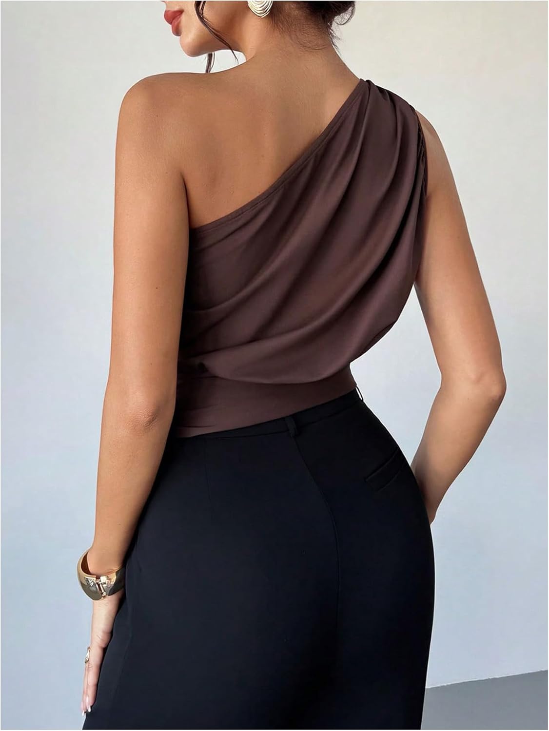 SHENHE Women's Off The Shoulder Tops Ruched Sleevless Asymmetrical Tops Metallic Buckle Dressy Going Out Blouse - Image 2