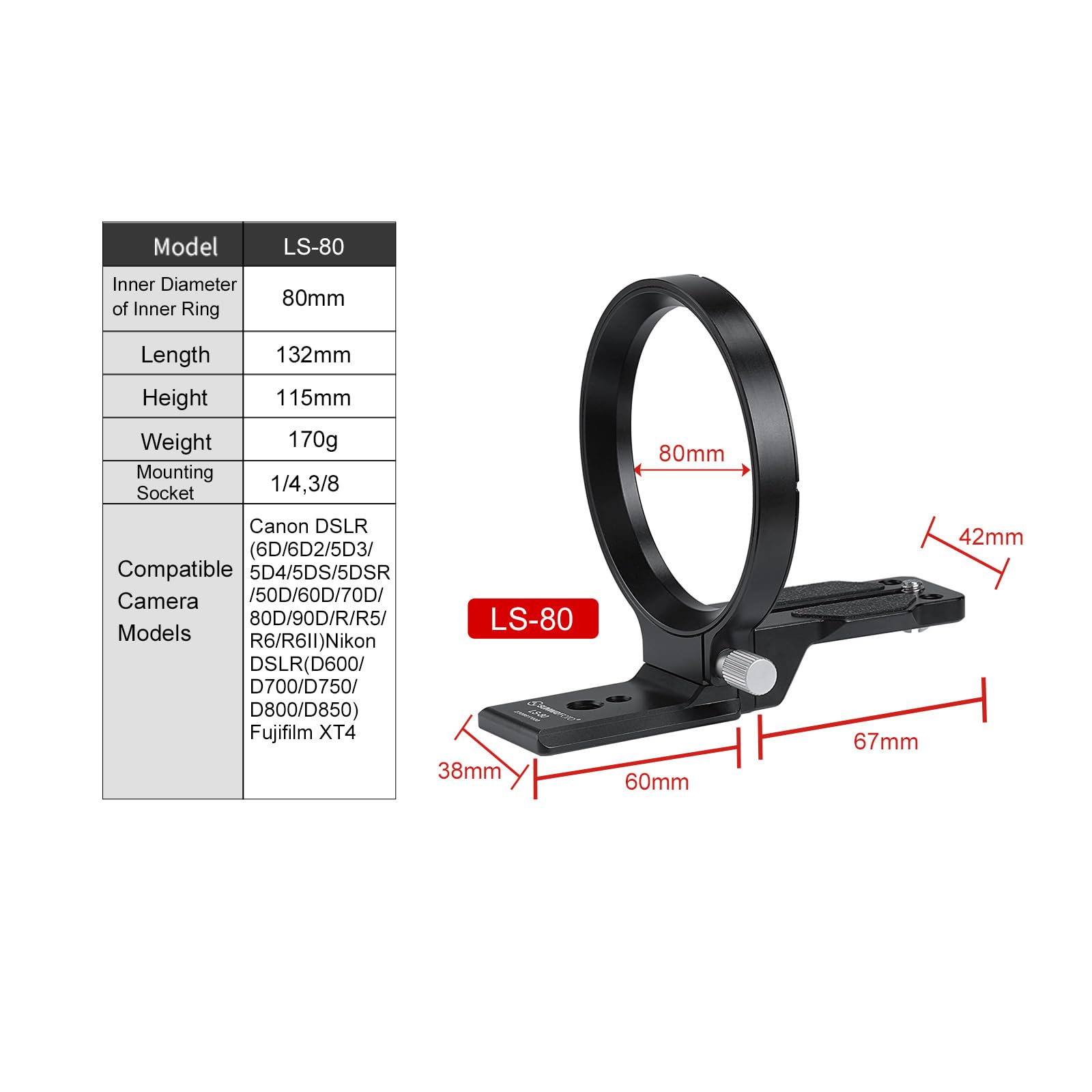 SUNWAYFOTO Anello girevole universale da 80 mm per DLSR, supporto per treppiede e piastra Arca Swiss, regolazione orizzontale e verticale