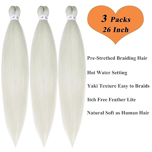 Miniatura 5 de Extensiones de cabello trenzado color gris plateado, preestirado, hipoalergénico, para trenzar, trenzas de caja, micro largo, jumbo, sin nudos, para