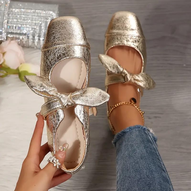 Open-Toe Shoes for Women, Thick Low Heel Women Shoes with Bow, Gold, 8 — view 6