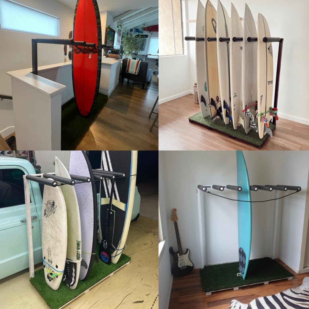 Veritcal Surfboard Storage Rack - Durable Wood and Premium Turf Base with Safety Bungee