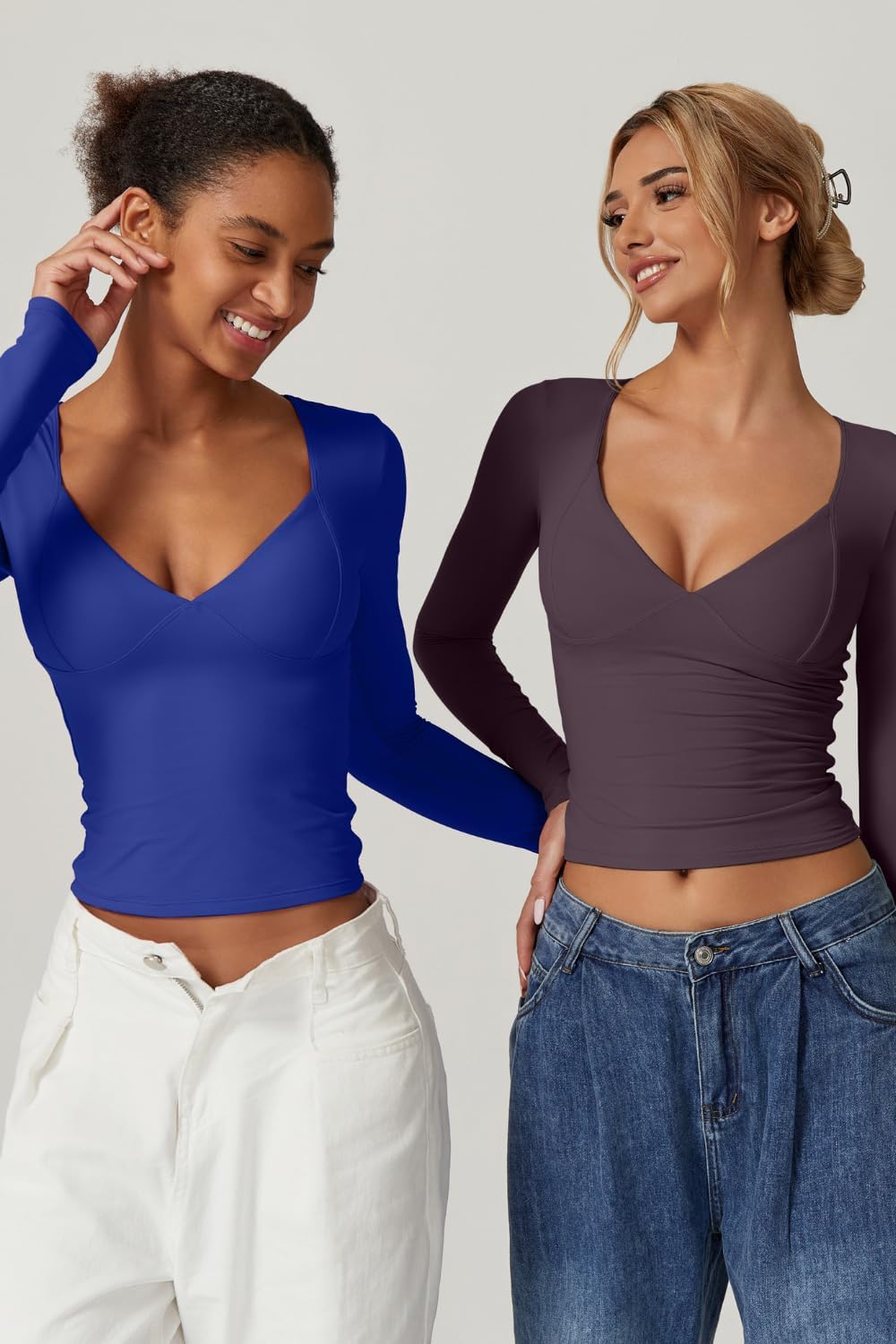 QINSEN Women's Long Sleeve V Neck T Shirts Double Lined Crop Top Seamed Cup Going Out Tops - Image 5
