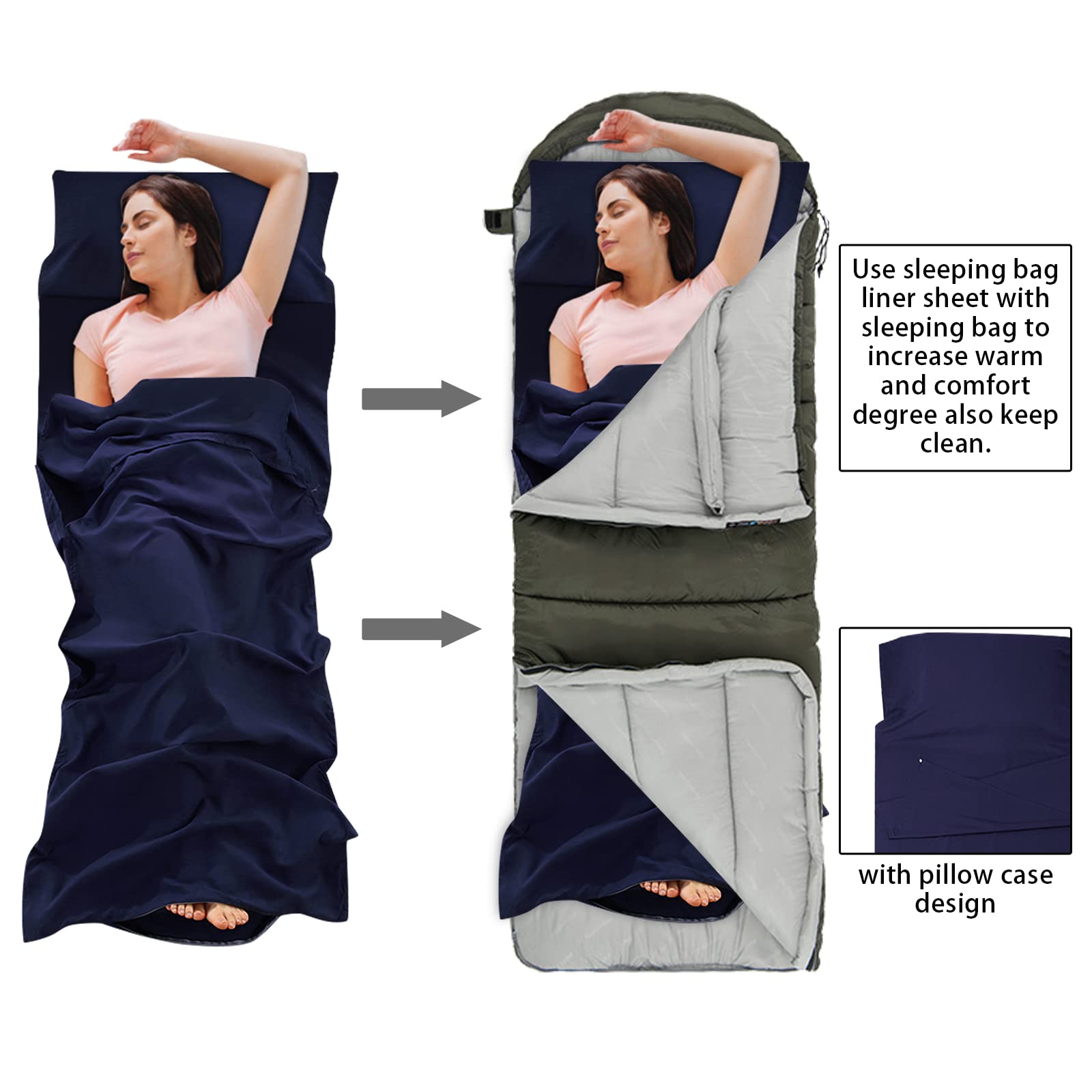 NiCoLa Sleeping Bag Liner, Lightweight Sleep Bag Liner 210 x 115 cm, Lightweight Travel Sheet with Zipper & Pillow Slot for Camping, Hotel & Hiking