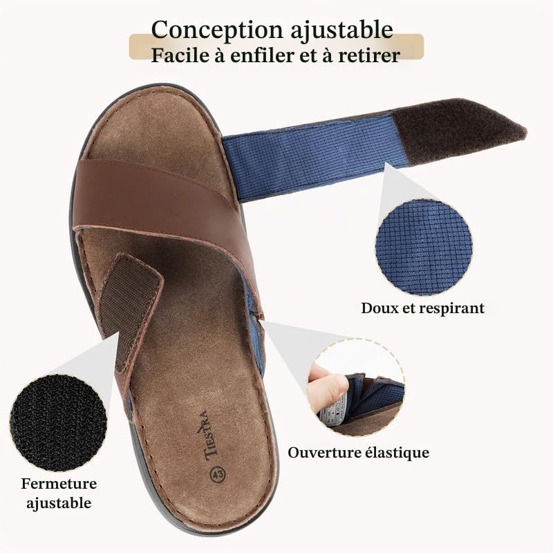 TIESTRA Hommes Cuir Sandales en Magic Collant Peep Toe Pantoufles été Doux Loisirs Antidérapant Semelle en Caoutchouc Plage Extérieur