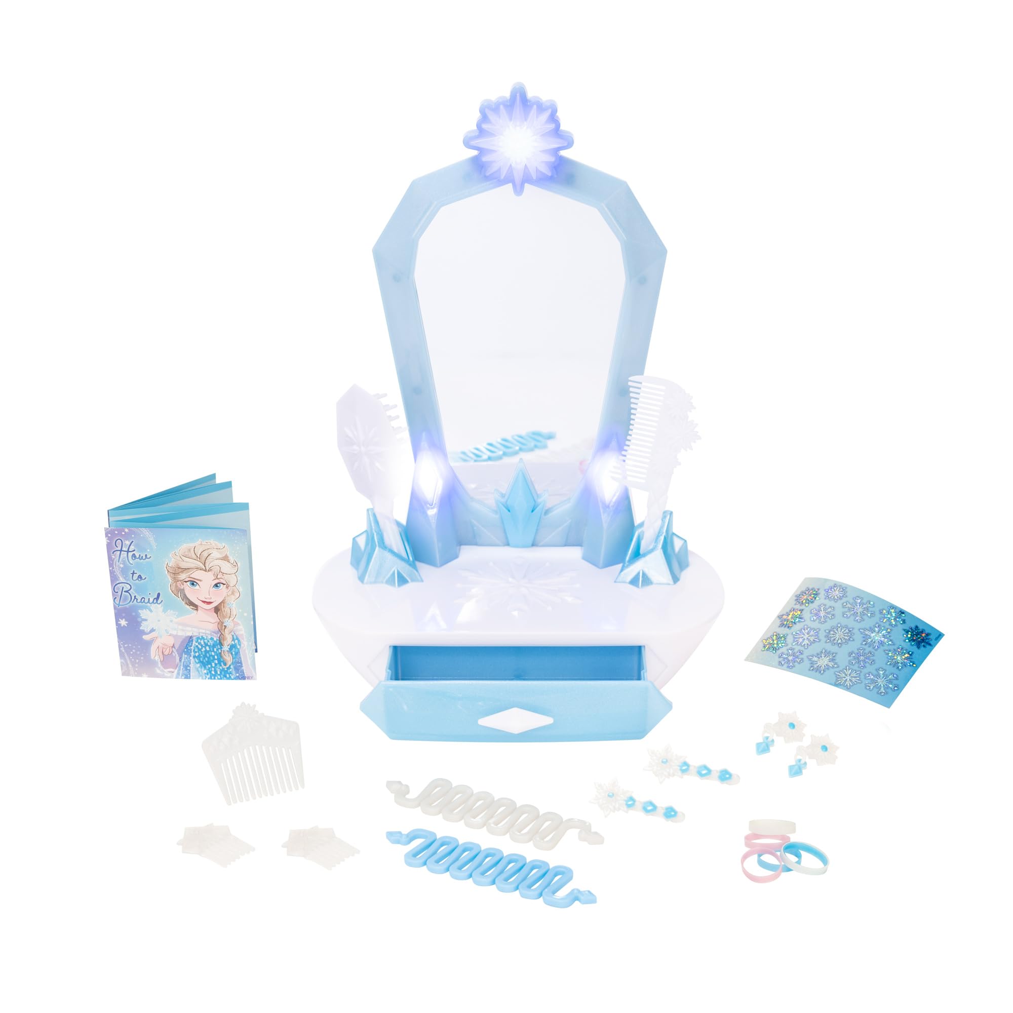 Disney Frozen Jakks Pacific Icy Table Top Vanity, Officially Licensed, Fun Play Vanity for Girls with Interactive Light and Sounds, Includes Elsa Braid Guide and Hair Accessories, for Ages 3+