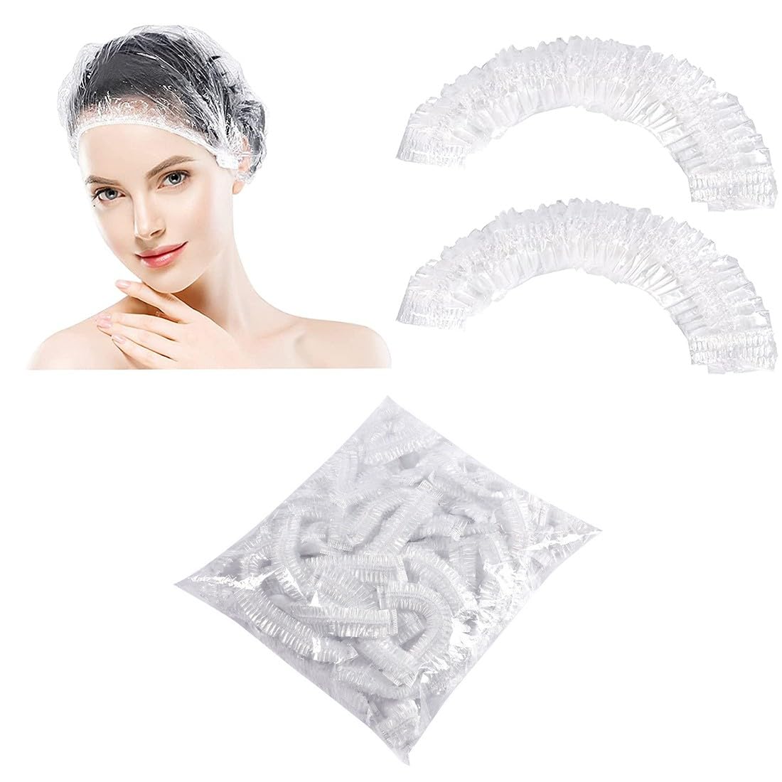 PLABBDPL 100 Piezas Gorro de Ducha Desechable, Gorro de Ducha de Plástico, Gorro de Ducha Elástico, Gorro de Protección para el Cabello para Salón, Spa, Viaje, Hotel, Ducha