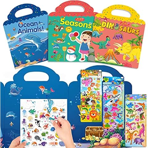 Reusable Sticker Books Toys for 2 3 4-Year-Old Boys Girls, Birthday Gifts 3 Pack Reusable Clear Stickers Books for 2-5 Old Kids, Dinosaurs Ocean Seasons with 3 Colorful 3D Sticker Books Learning Toys Cover