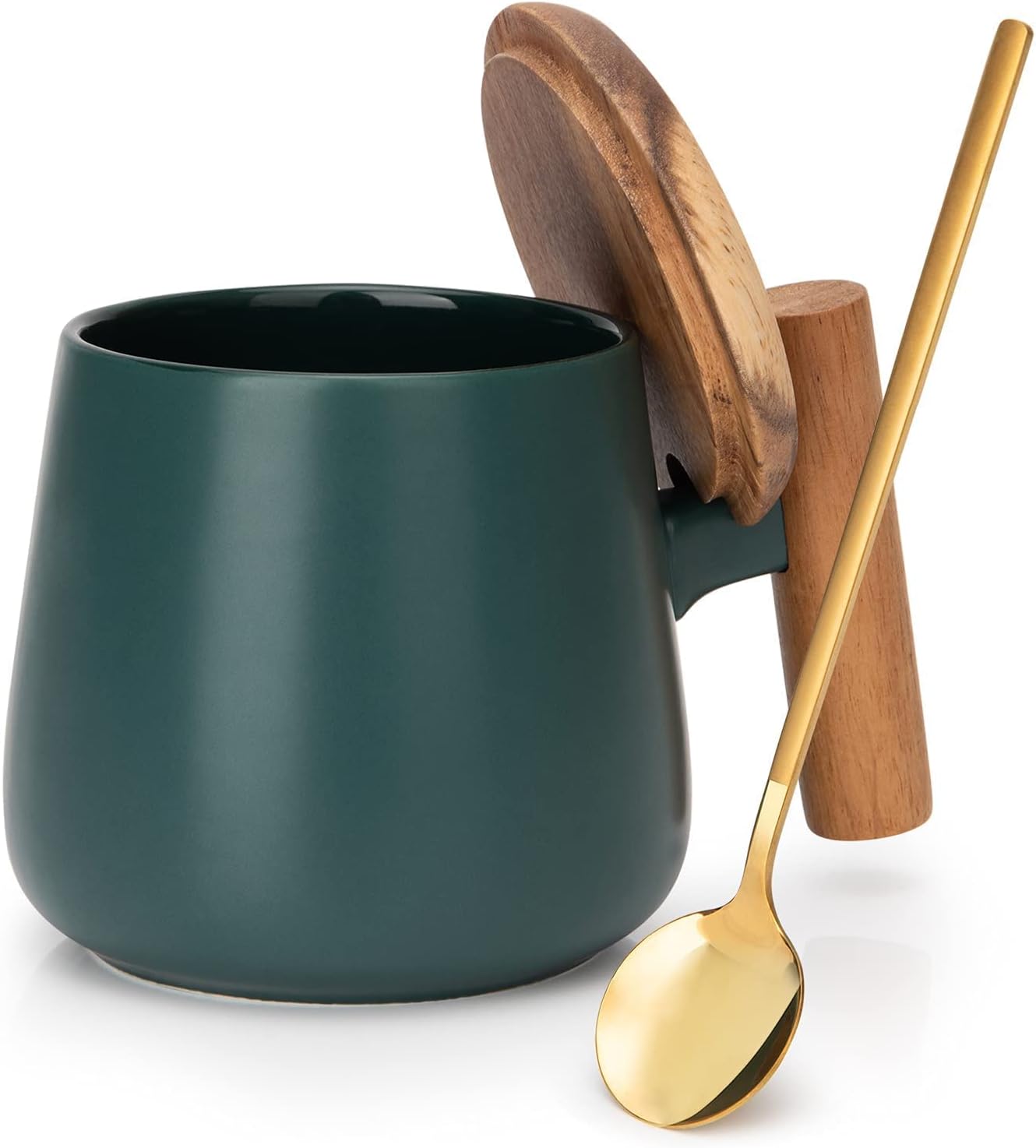 Ceramic Coffee Mug, Tea Cup for Office and Home, 14 Oz Coffee Cup with Lid and Spoon,Fathers Day, Birthday Gifts, House Warming Presents for New Home, 1 Pack (Dark Green)