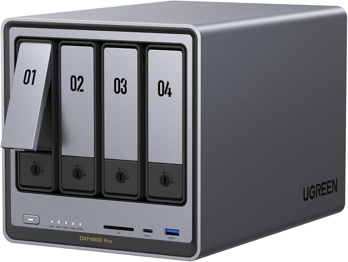 UGREEN NAS DXP4800 Pro 4-Bay Desktop NAS, Intel® Core™ i3-1315U 6-Core CPU, 8GB DDR5 RAM, Built-in 128G SSD, 1x 10GbE, 1x 2.5GbE, 2X M.2 NVMe Slots, 4K HDMI, Network Attached Storage (Diskless)