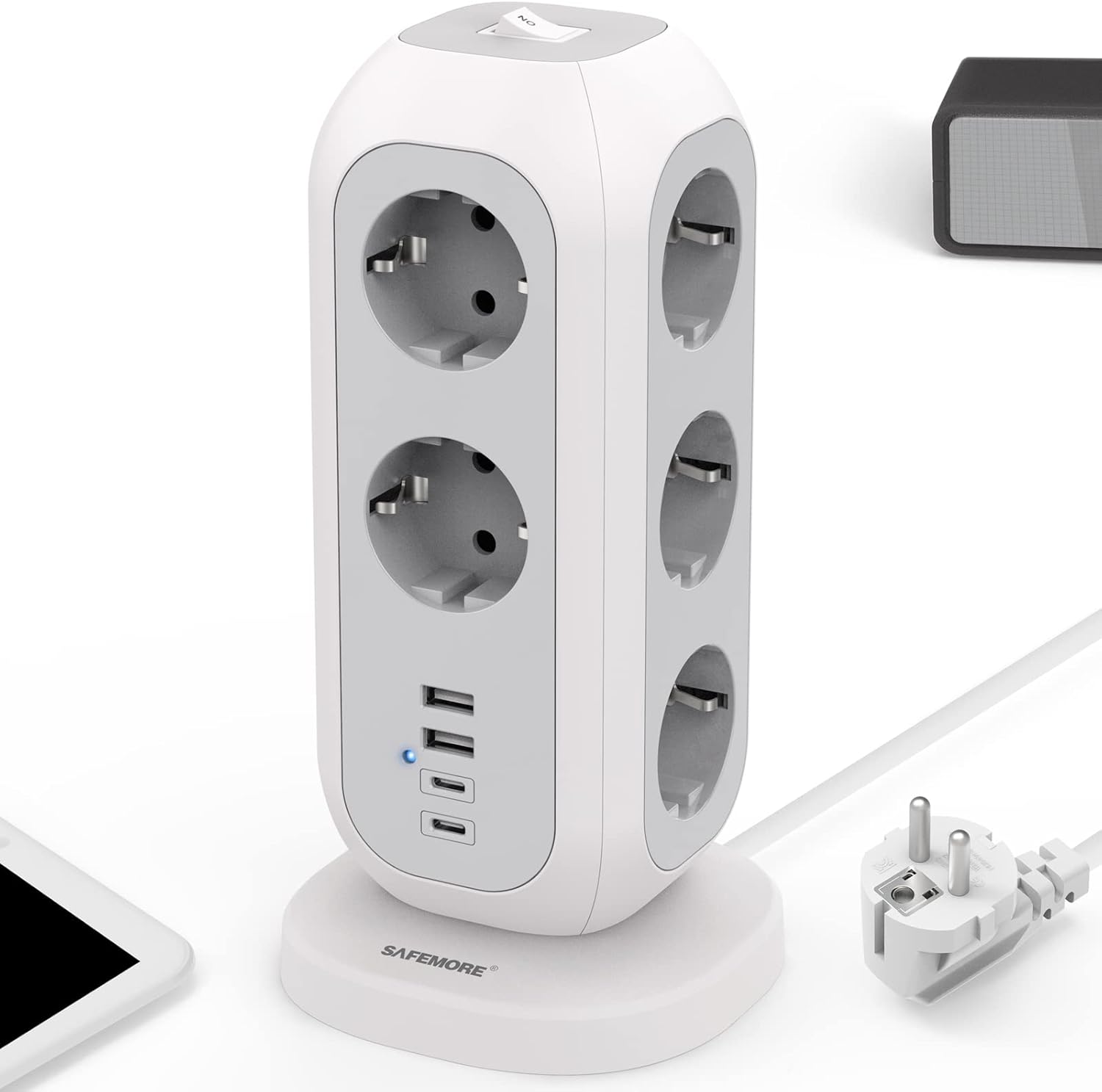 SAFEMORE 11 Way Extension Tower with USB Ports, Extension Lead Surge