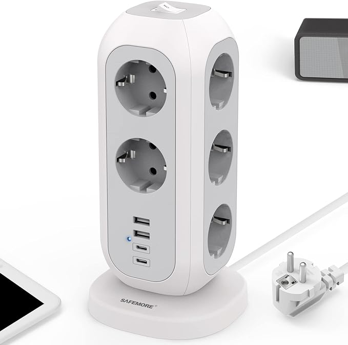 SAFEMORE 11 Way Extension Tower with USB Ports, Extension Lead Surge