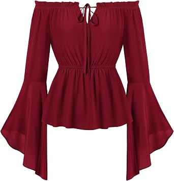 SCARLET DARKNESS Renaissance Shirt Women Peasant Blouse Bell Sleeve Off Shoulder Tops Pirate Costume