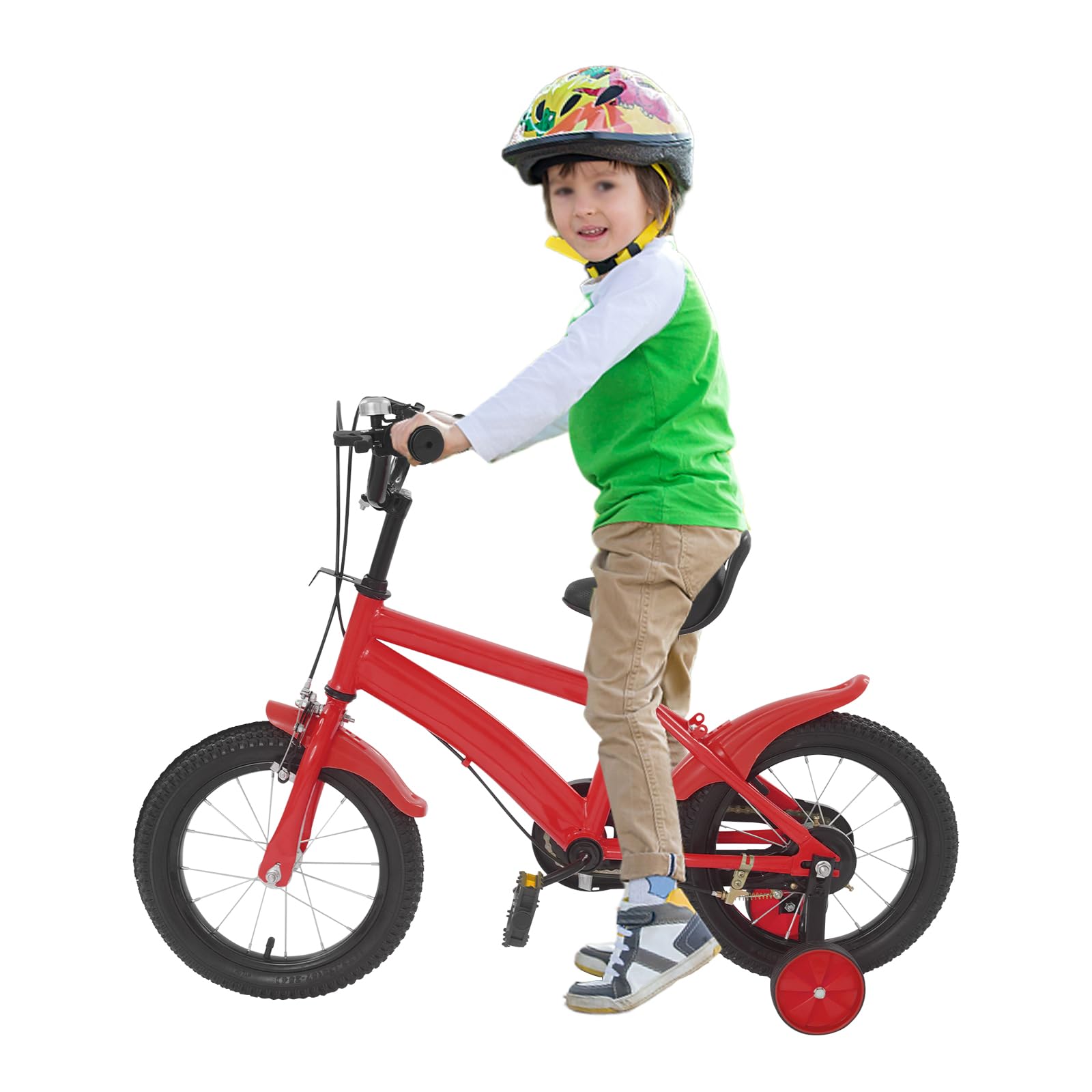 Bicicleta infantil de 14 pulgadas con ruedas estabilizadoras para niños y niñas a partir de 3 a 6 años, manillar regulable en altura, sistema de frenado doble, diseño robusto, protector de