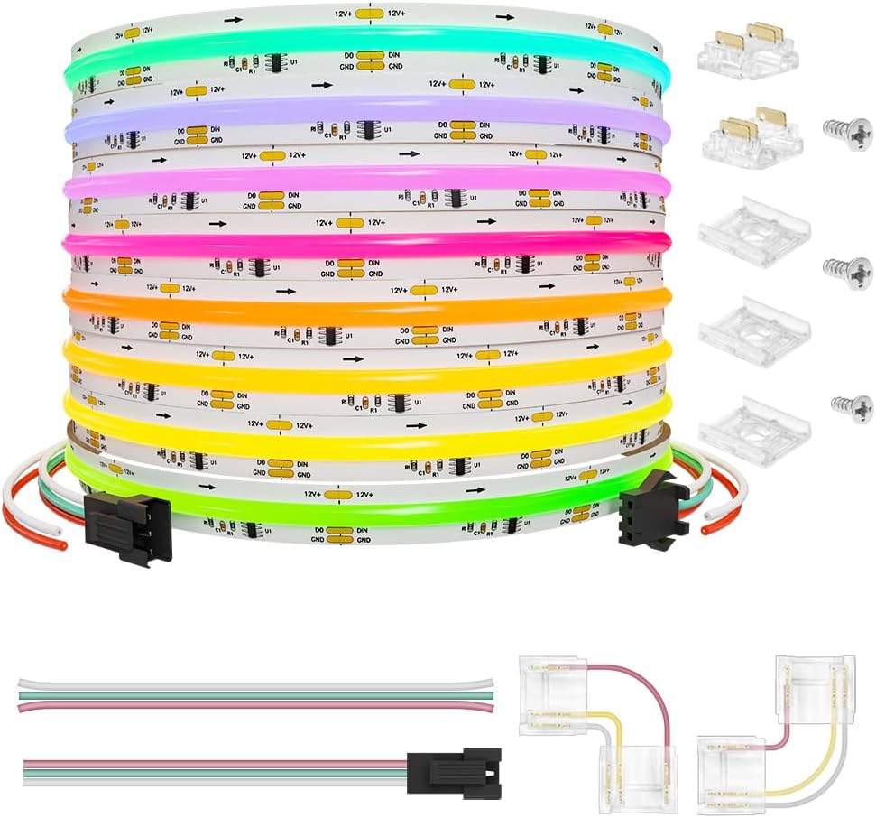 Smart WS2811 IC RGB COB LED Strip 16.4FT/5M, 720LED/m 20IC/M 12mm Width High Density Uniform Chasing Color Light DC12V White PCB Flexible Tape Light(No Adapter or Controller)