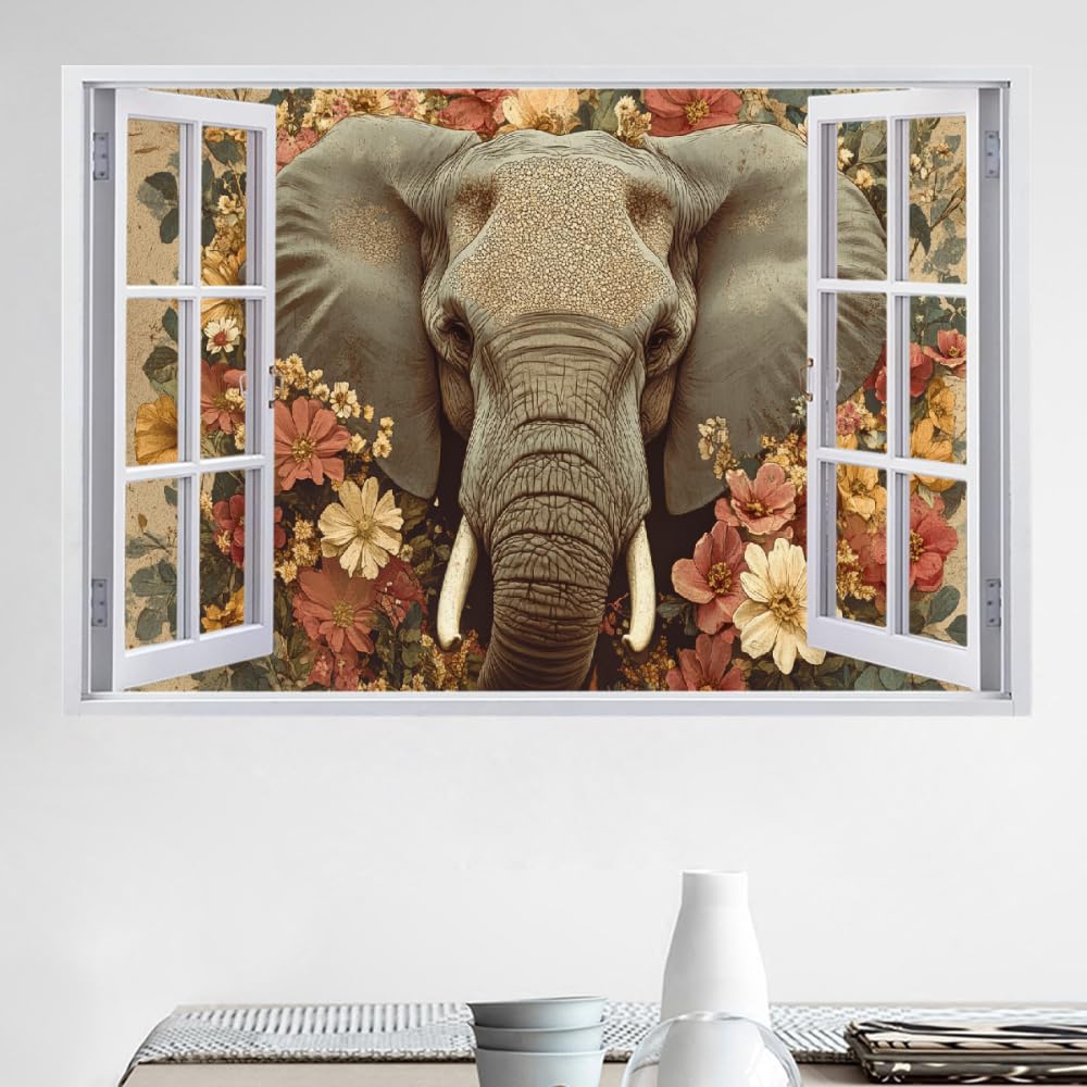 Stickers Muraux 3D Smashed Murales Fleur D'Éléphant Autocollants De Sol En Vinyle Imperméables Amovibles Art Animaux Rétro Pour Chambre Salon Bureau Pépinière Décoration Murale 112x75cm