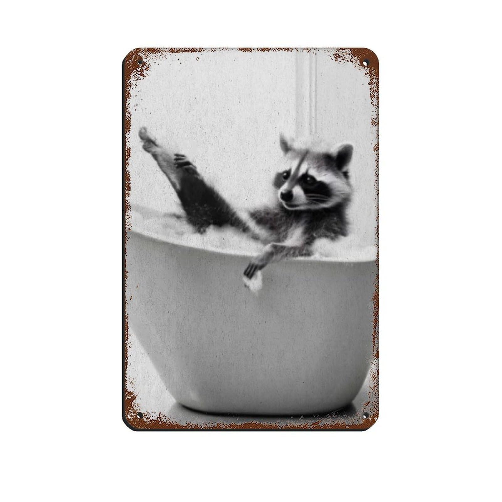 Adorable Raccoon in Tub Bathroom Art Tin Sign Vintage Metal Pub Club Cafe Bar Home Wall Art Decoration Poster Retro 8x12inch(20x30cm)