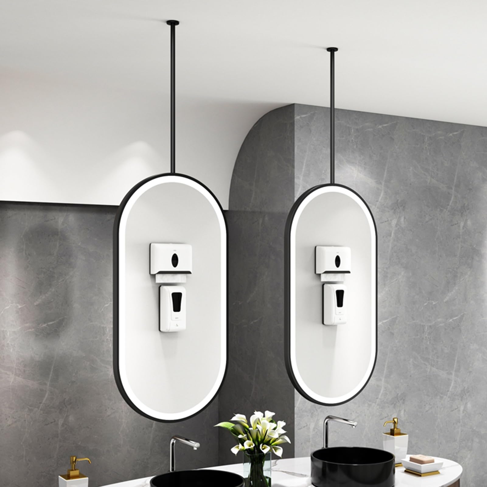 SXFSDOU Oval LED Mirrors for Bathroom Wall Decor, Ceiling Hanging Lighted Vanity Mirror with Metal Frame and Boom, Floating Suspended HD Glass Mirror, Black(40cmx70cm)