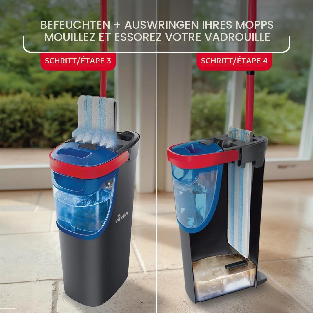 Vileda H2prO Flaches Wischmopp- und Eimer-Set, 100% sauberes und schmutziges Wasser, Wandmopp, Bodenleisten-Reinigungswerkzeug, maschinenwaschbar, wiederverwendbar, Mikrofaser-Wischkopf, sicher auf