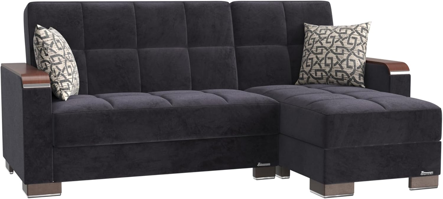 Ottomanson Convertible Chaise Lounge Sleeper with Hidden Storage & Click-Clack Sit-to-Sleep Conversion – Wood Trim Arm, Firm Support Chaise Sofa Bed for Living Room, Apartment & Guest Room, Black