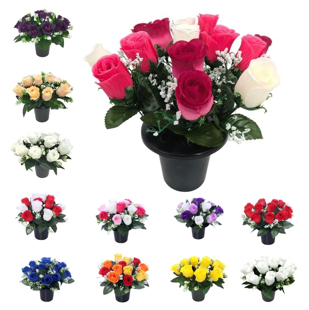 Rose Artificial Flowers in Grave Flower Pots – UV Resistant, Long-Lasting Design for Cemetery Decorations, Grave Displays, Home & Garden Memorial Arrangements (14 Rose Heads Ivory Fuchsia Cerise) — image 1