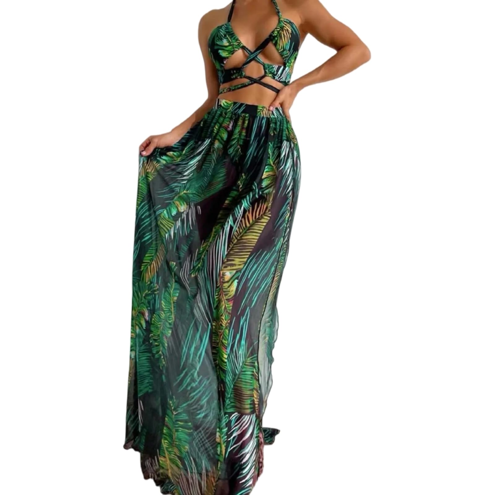 Bikini femmes set trois pièces vert maillot de bain avec jupe longue de plage été S