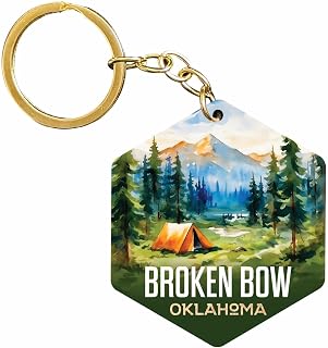 R and R Imports Broken Bow Oklahoma Souvenir 2” Wooden Hexagon Keychain Watercolor Camping Tent